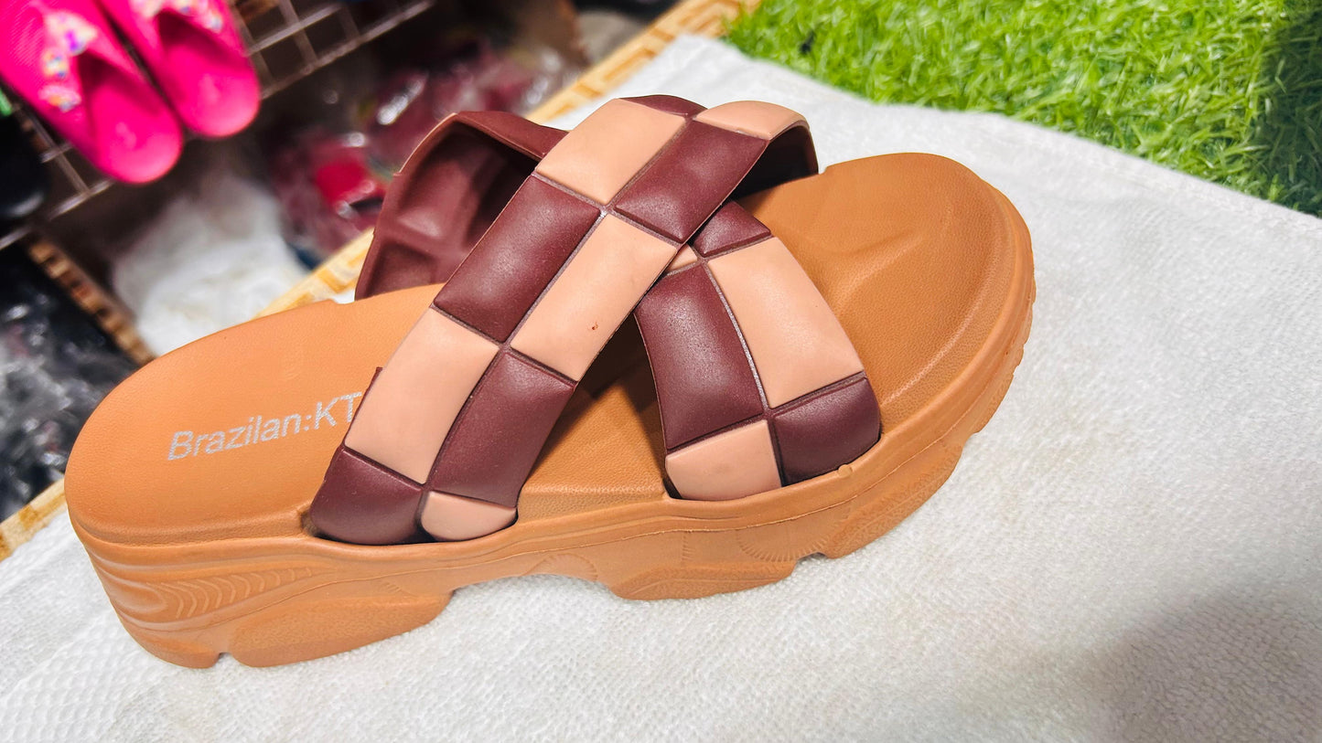 Medicated Brown & Biege Cross Strap Platform Slippers