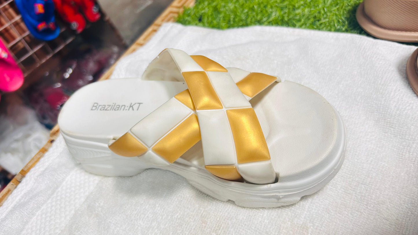 Medicated White & Gold Cross Strap Platform Slippers