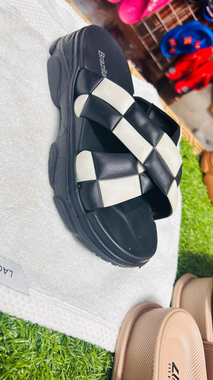 Medicated White & Black Cross Strap Platform Slippers