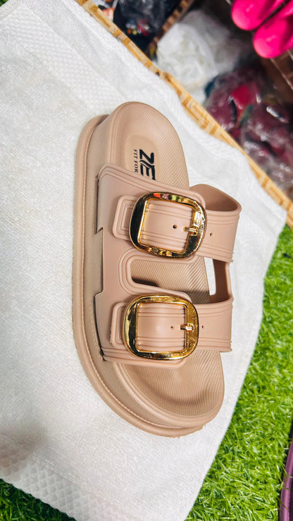 Beige Double Buckle Slip-On Sandals