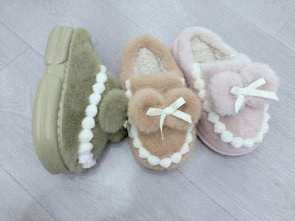 Fluffy Bow Moccasin Slippers (Green & Pink)