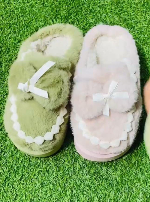 Fluffy Bow Moccasin Slippers (Green & Pink)